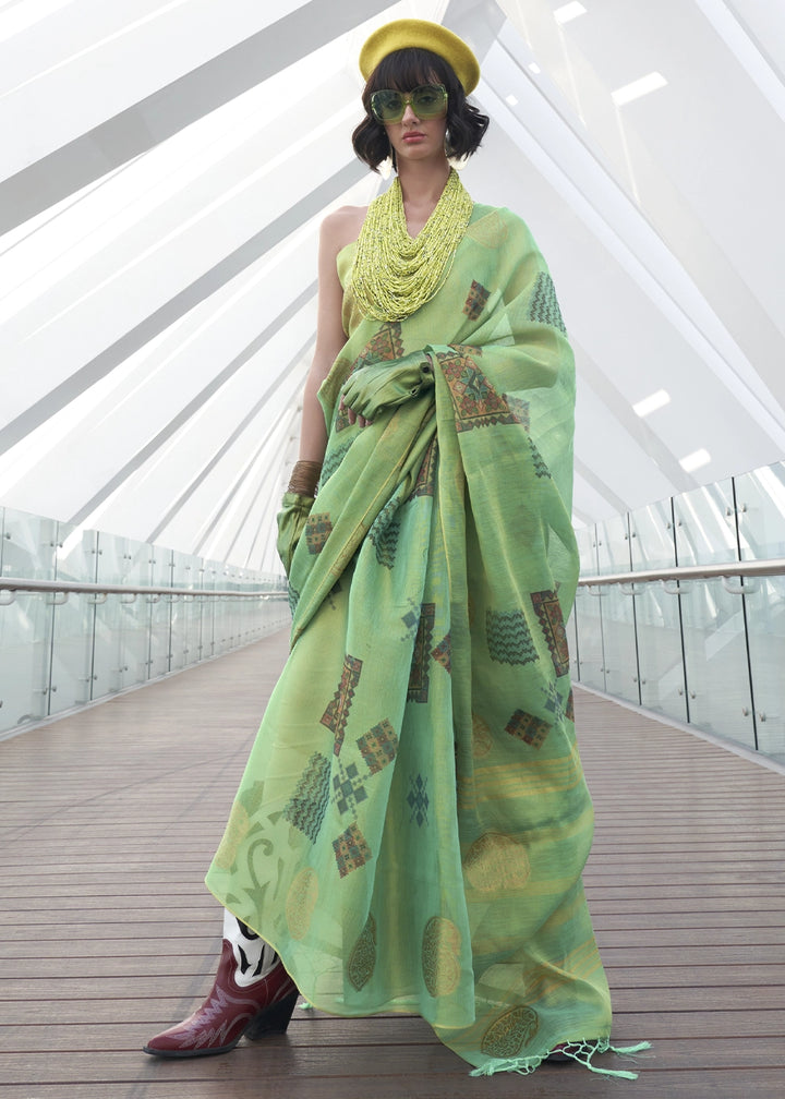 Cool Green Tissue Silk Saree with Abstract Motif Print