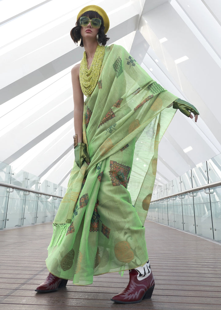 Cool Green Tissue Silk Saree with Abstract Motif Print