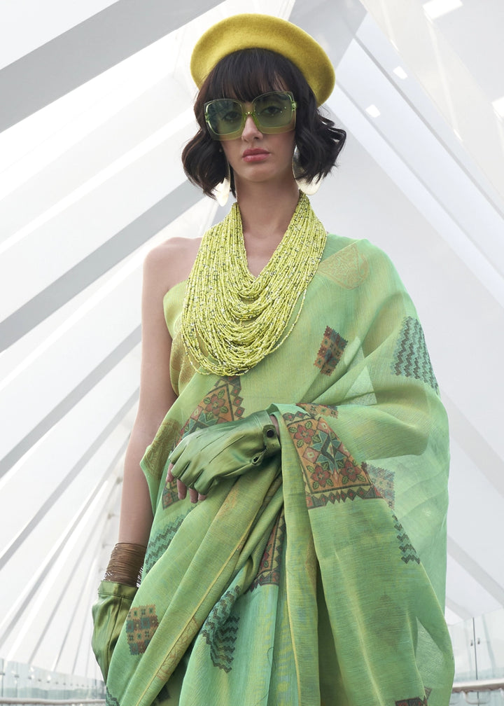 Cool Green Tissue Silk Saree with Abstract Motif Print