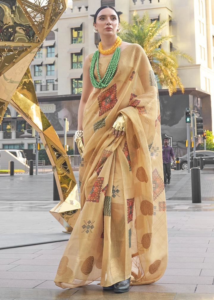 Light Brown Tissue Silk Saree with Abstract Motif Print