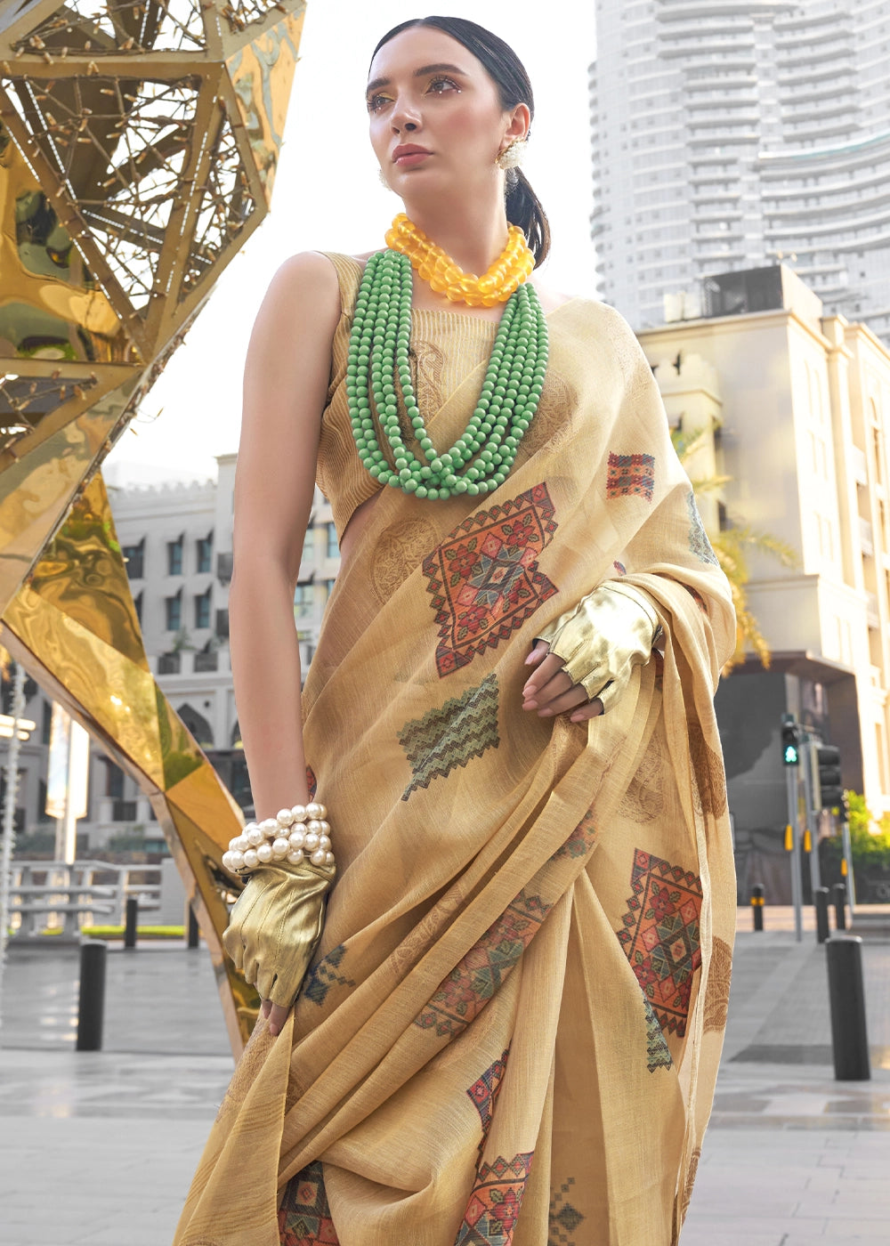 Light Brown Tissue Silk Saree with Abstract Motif Print