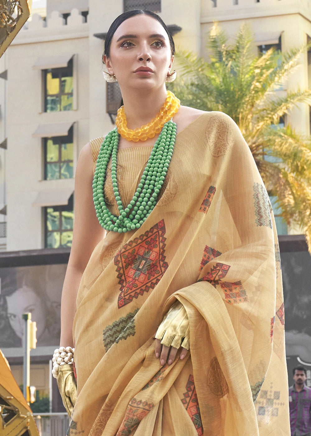 Light Brown Tissue Silk Saree with Abstract Motif Print