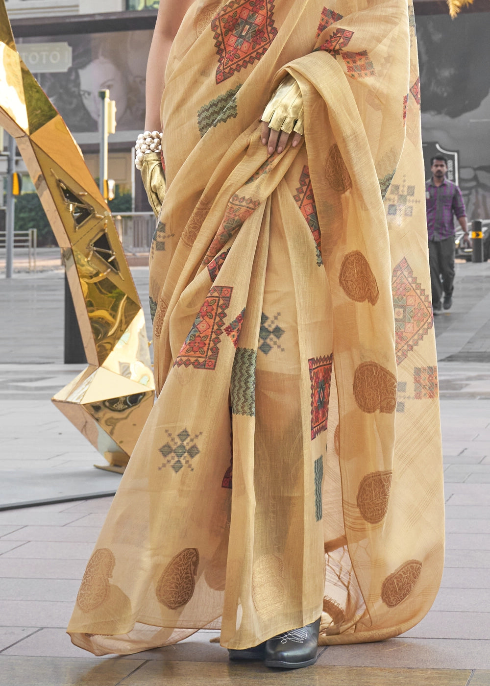 Light Brown Tissue Silk Saree with Abstract Motif Print