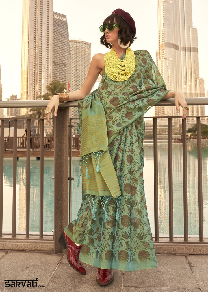 Jungle Green Handwoven Floral Printed Tissue Silk Saree