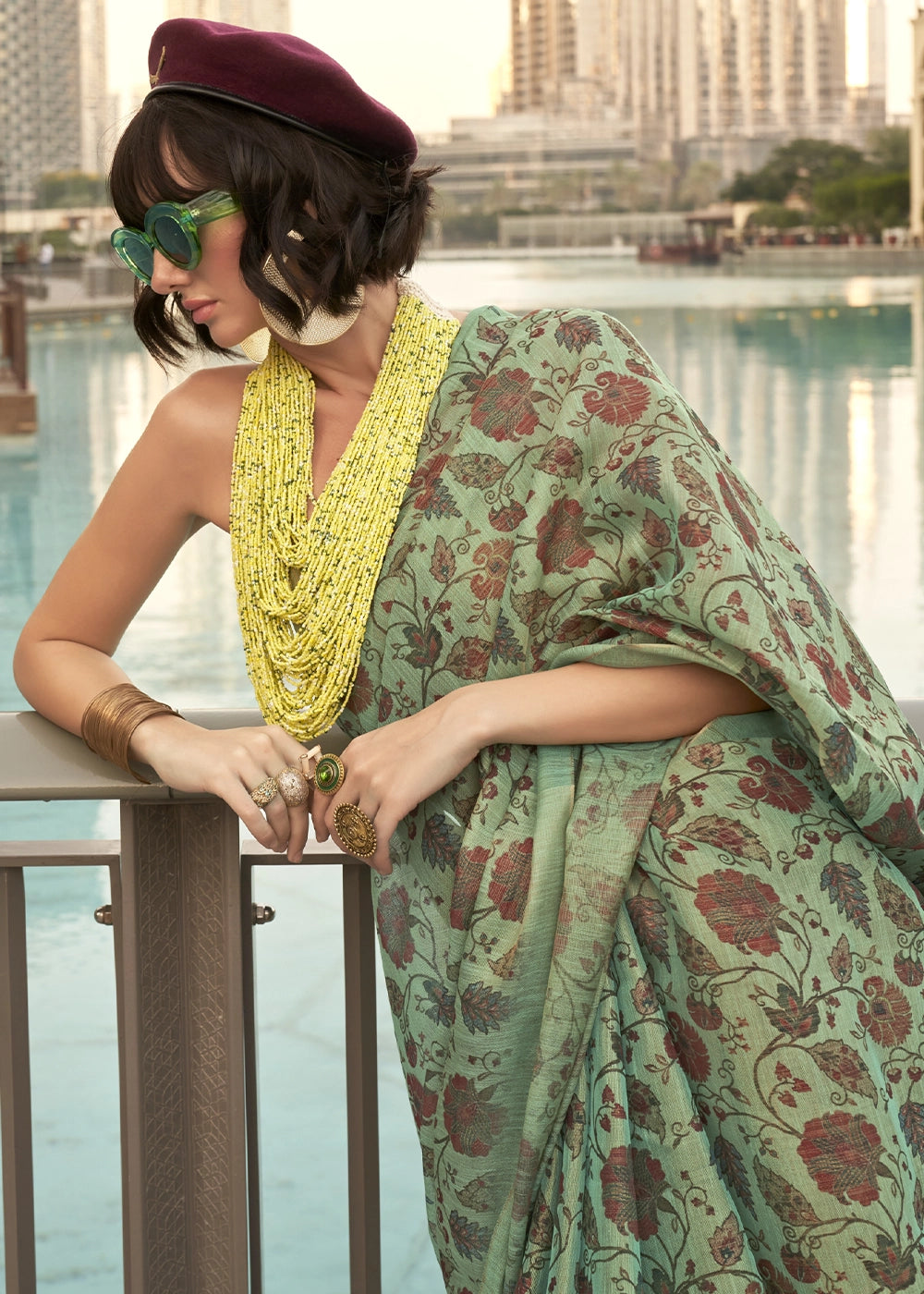 Jungle Green Handwoven Floral Printed Tissue Silk Saree