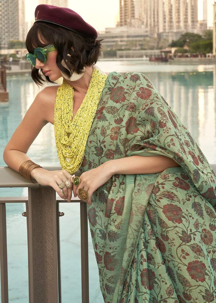 Jungle Green Handwoven Floral Printed Tissue Silk Saree