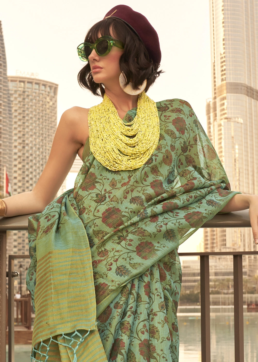 Jungle Green Handwoven Floral Printed Tissue Silk Saree