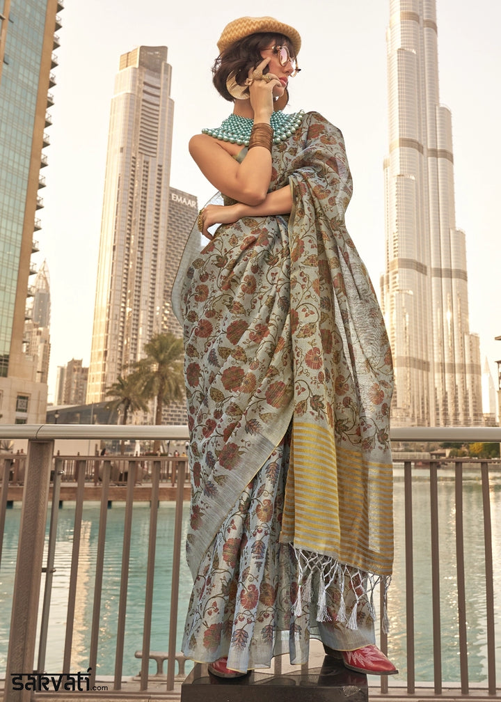 Shades Of Grey Handwoven Floral Printed Tissue Silk Saree