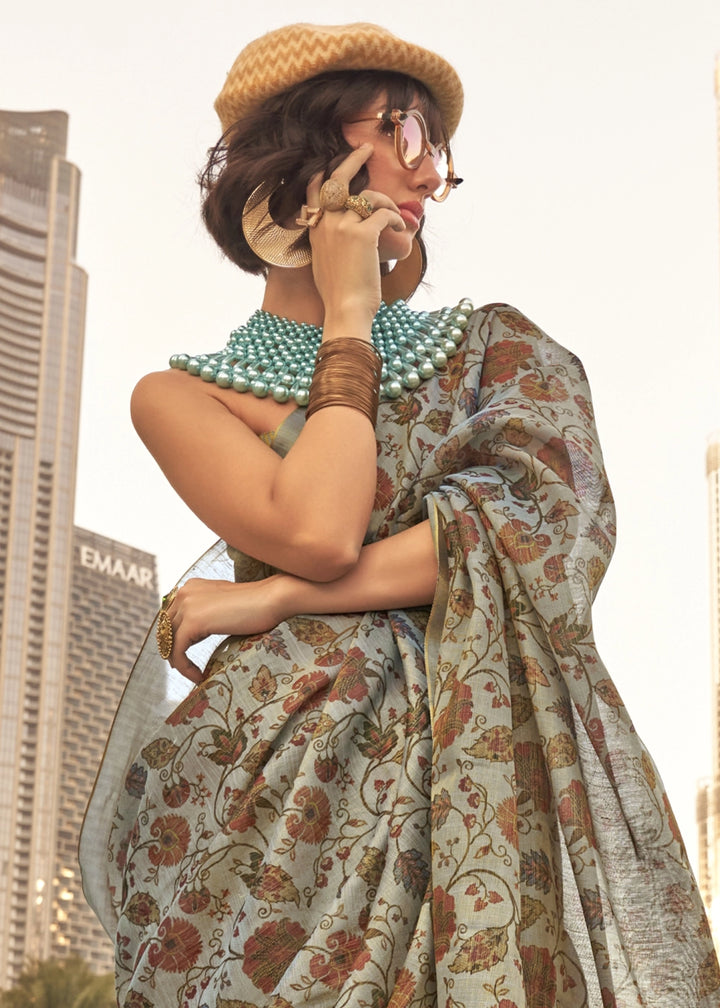 Shades Of Grey Handwoven Floral Printed Tissue Silk Saree