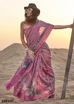 Purple Pink Handwoven Linen Saree with Artistic Floral Design