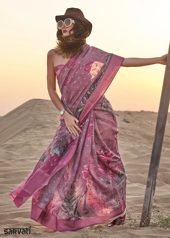 Purple Pink Handwoven Linen Saree with Artistic Floral Design