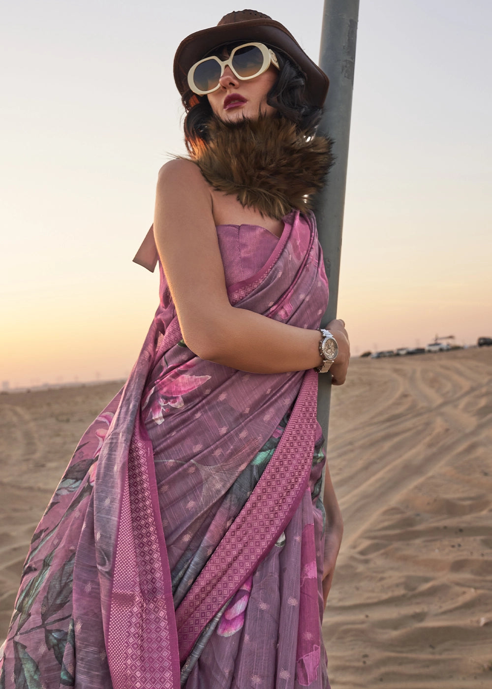 Purple Pink Handwoven Linen Saree with Artistic Floral Design