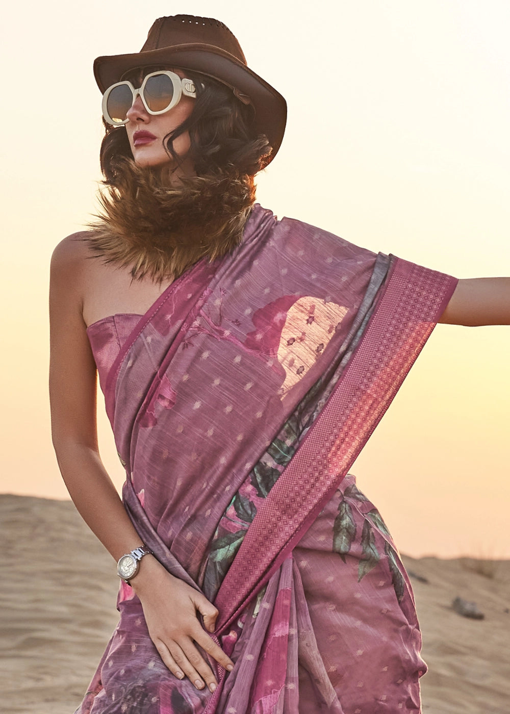 Purple Pink Handwoven Linen Saree with Artistic Floral Design