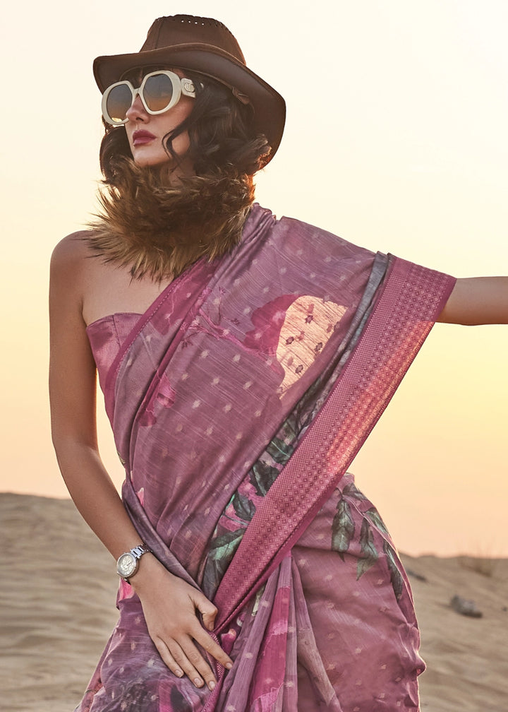 Purple Pink Handwoven Linen Saree with Artistic Floral Design