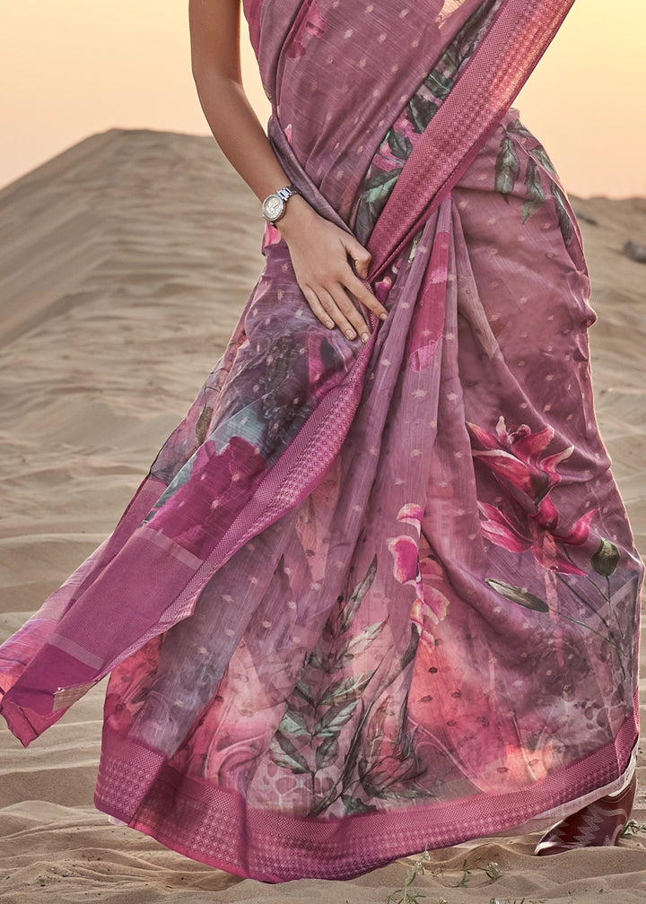 Purple Pink Handwoven Linen Saree with Artistic Floral Design