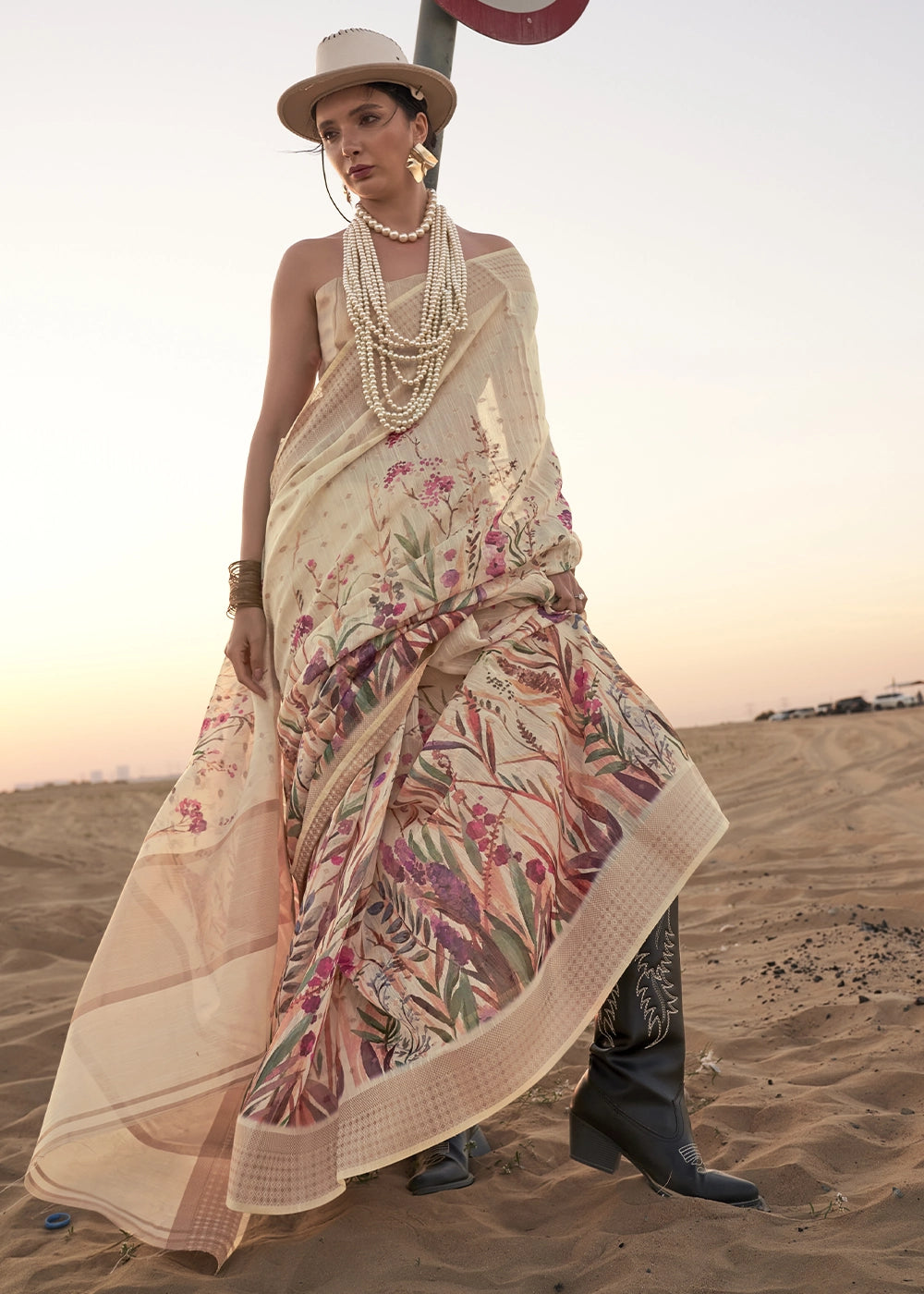 Cream White Handwoven Linen Saree with Artistic Floral Design