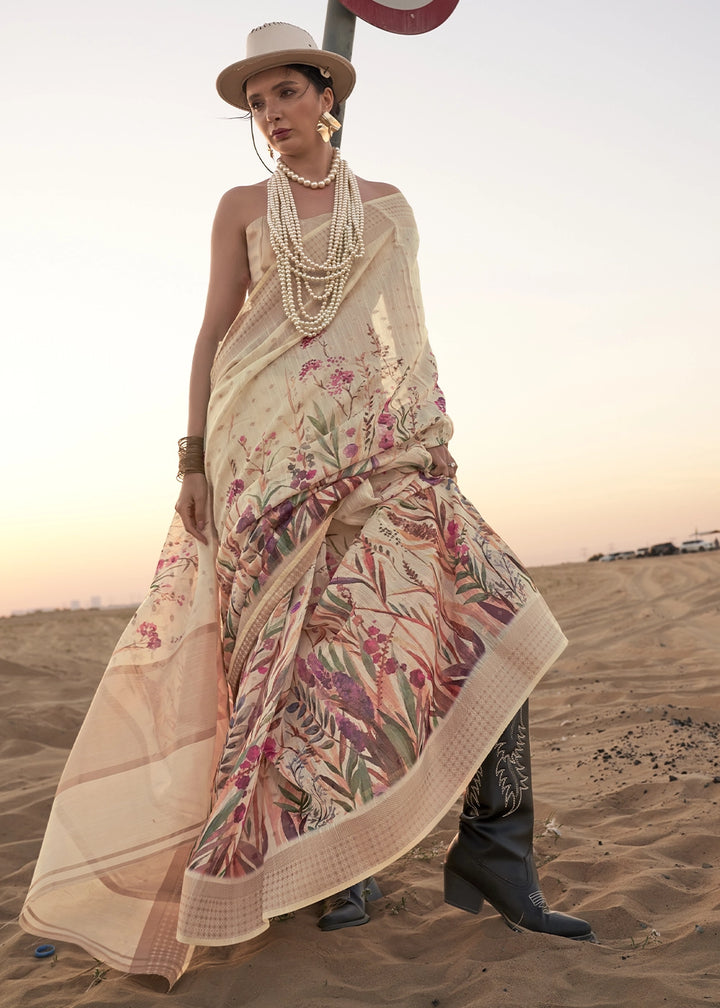 Cream White Handwoven Linen Saree with Artistic Floral Design