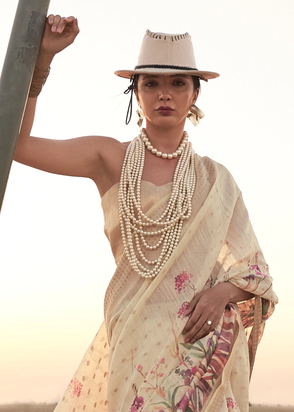 Cream White Handwoven Linen Saree with Artistic Floral Design