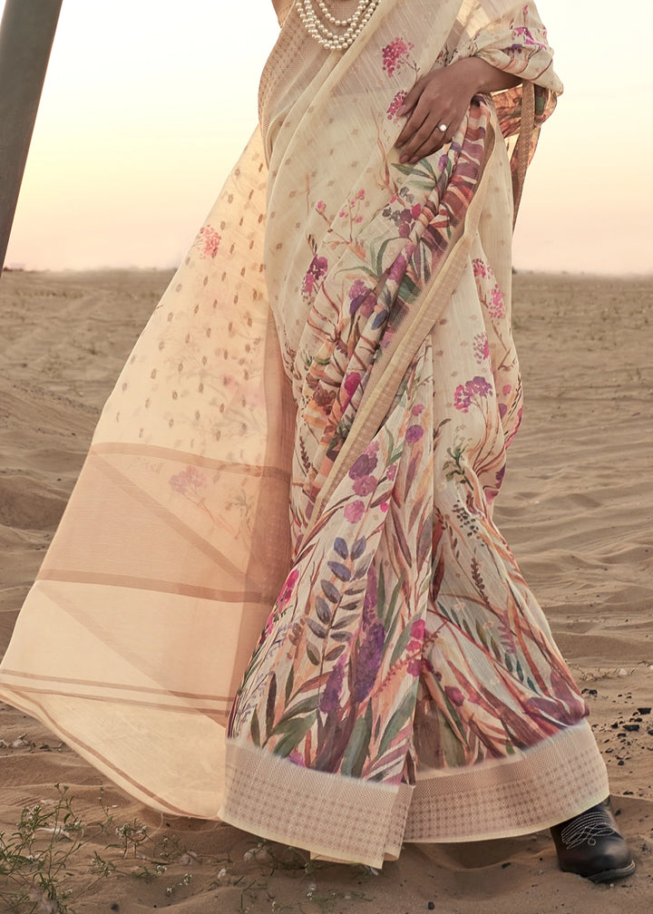Cream White Handwoven Linen Saree with Artistic Floral Design