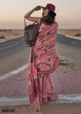 Shades Of Pink & Brown Handwoven Linen Saree with Artistic Floral Design