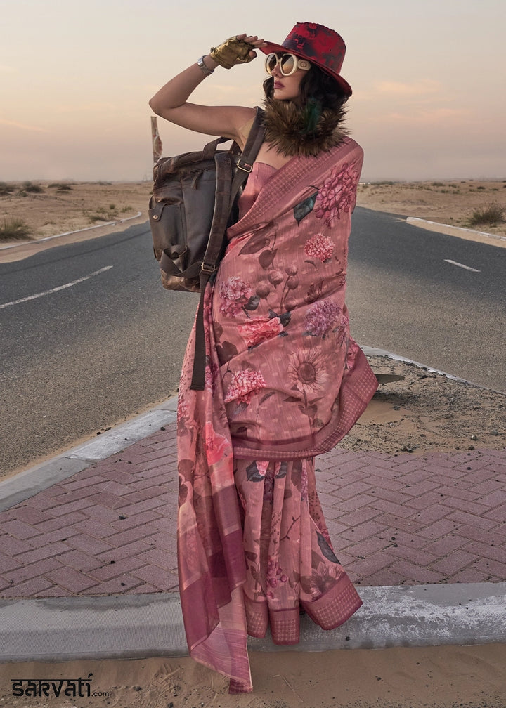 Shades Of Pink & Brown Handwoven Linen Saree with Artistic Floral Design