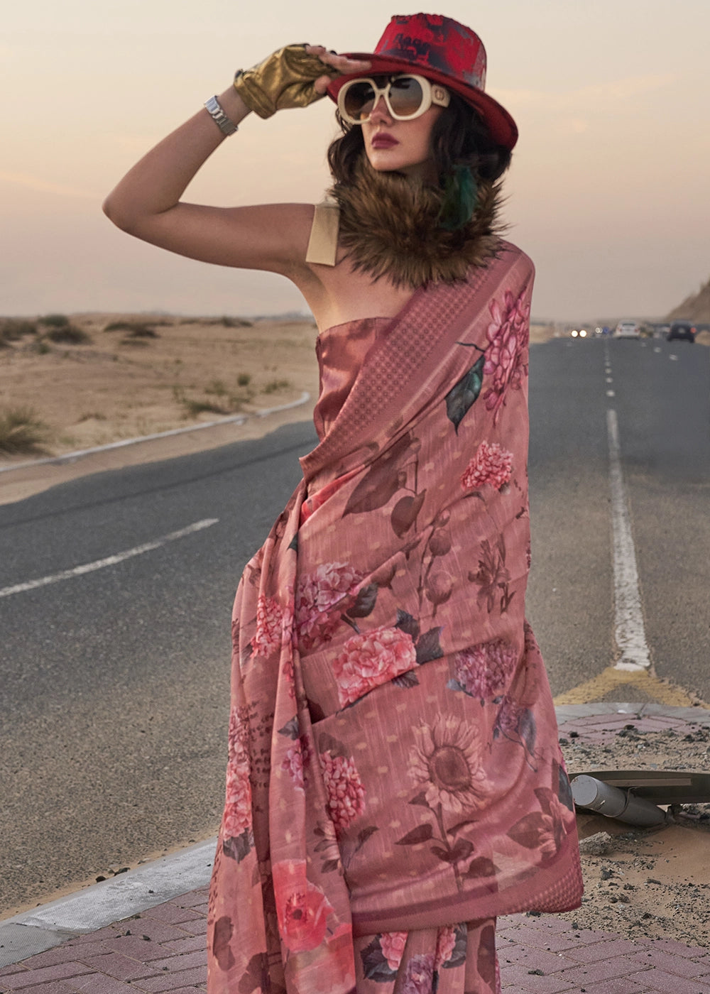 Shades Of Pink & Brown Handwoven Linen Saree with Artistic Floral Design