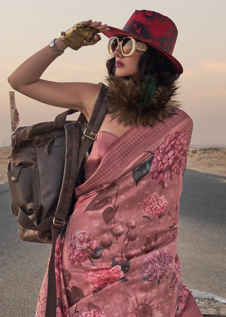 Shades Of Pink & Brown Handwoven Linen Saree with Artistic Floral Design