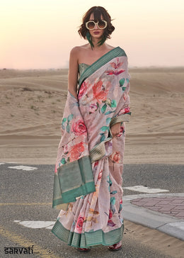 Grey & Green Handwoven Linen Saree with Artistic Floral Design