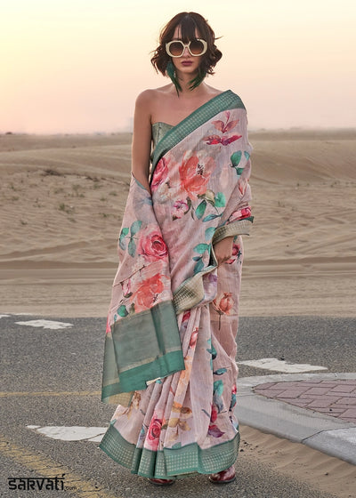 Grey & Green Handwoven Linen Saree with Artistic Floral Design