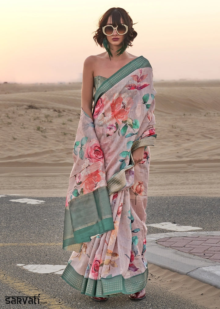 Grey & Green Handwoven Linen Saree with Artistic Floral Design
