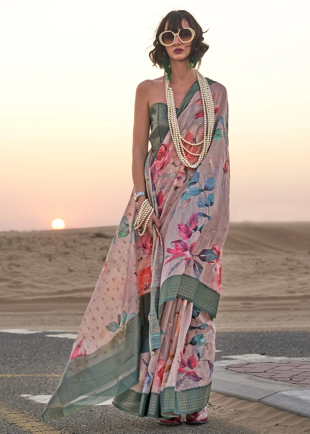 Grey & Green Handwoven Linen Saree with Artistic Floral Design