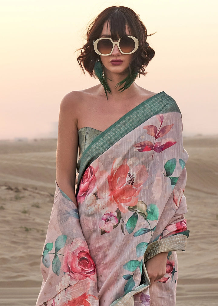 Grey & Green Handwoven Linen Saree with Artistic Floral Design