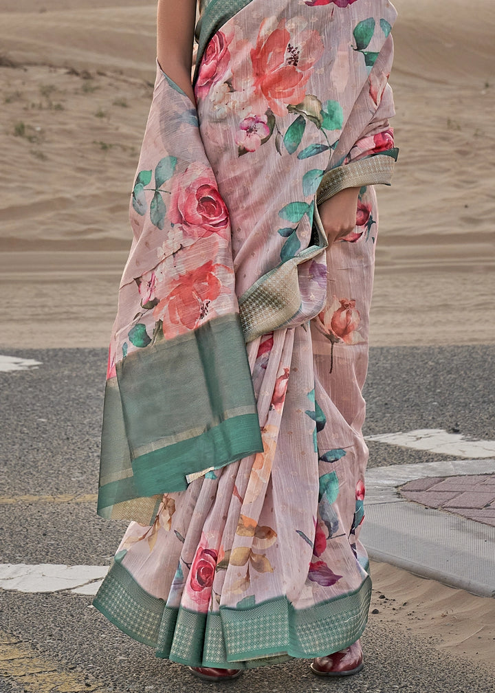 Grey & Green Handwoven Linen Saree with Artistic Floral Design