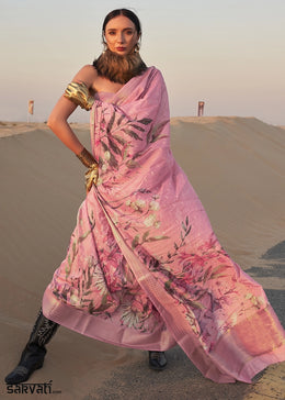 Pastel Pink Handwoven Linen Saree with Artistic Floral Design