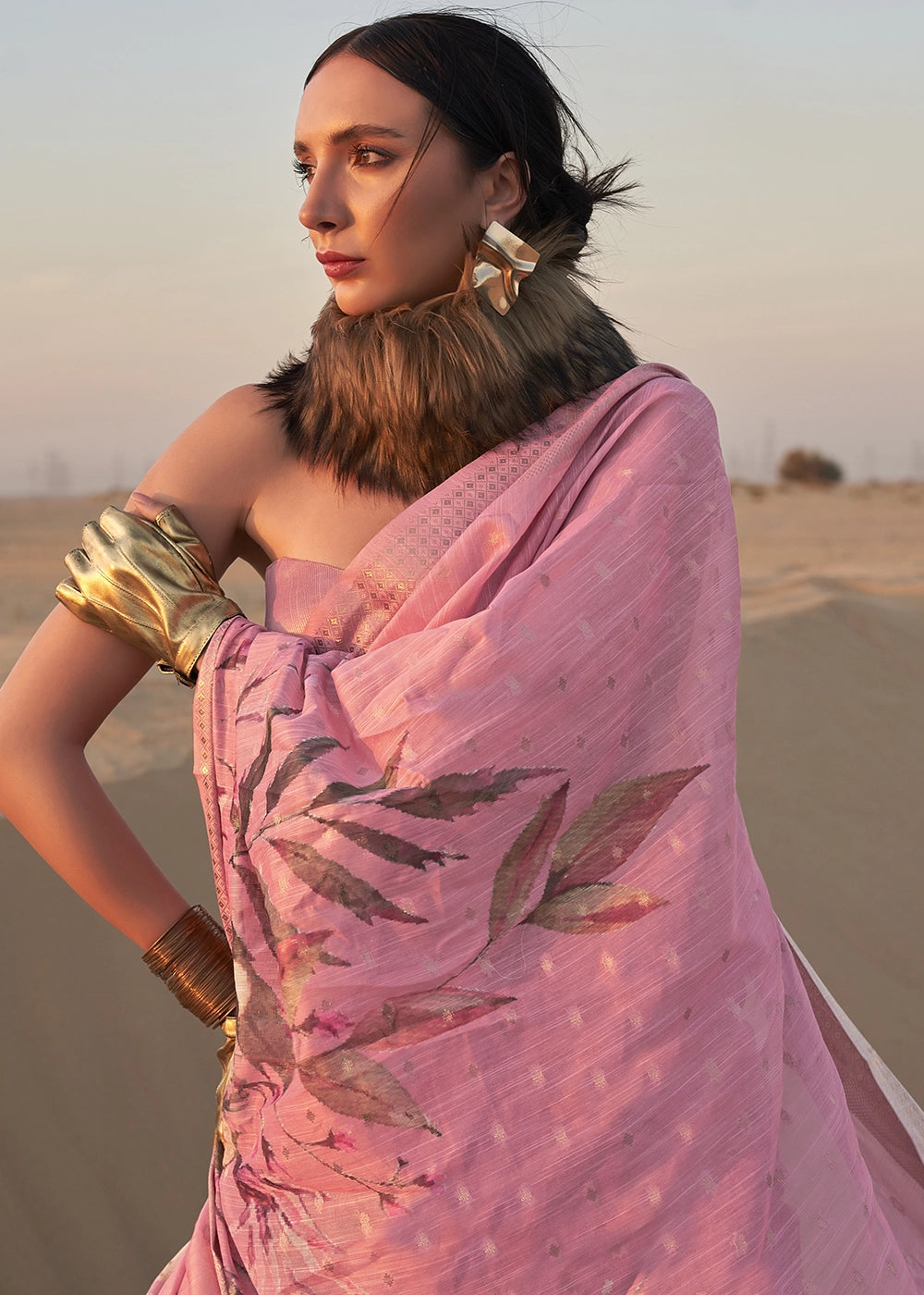 Pastel Pink Handwoven Linen Saree with Artistic Floral Design