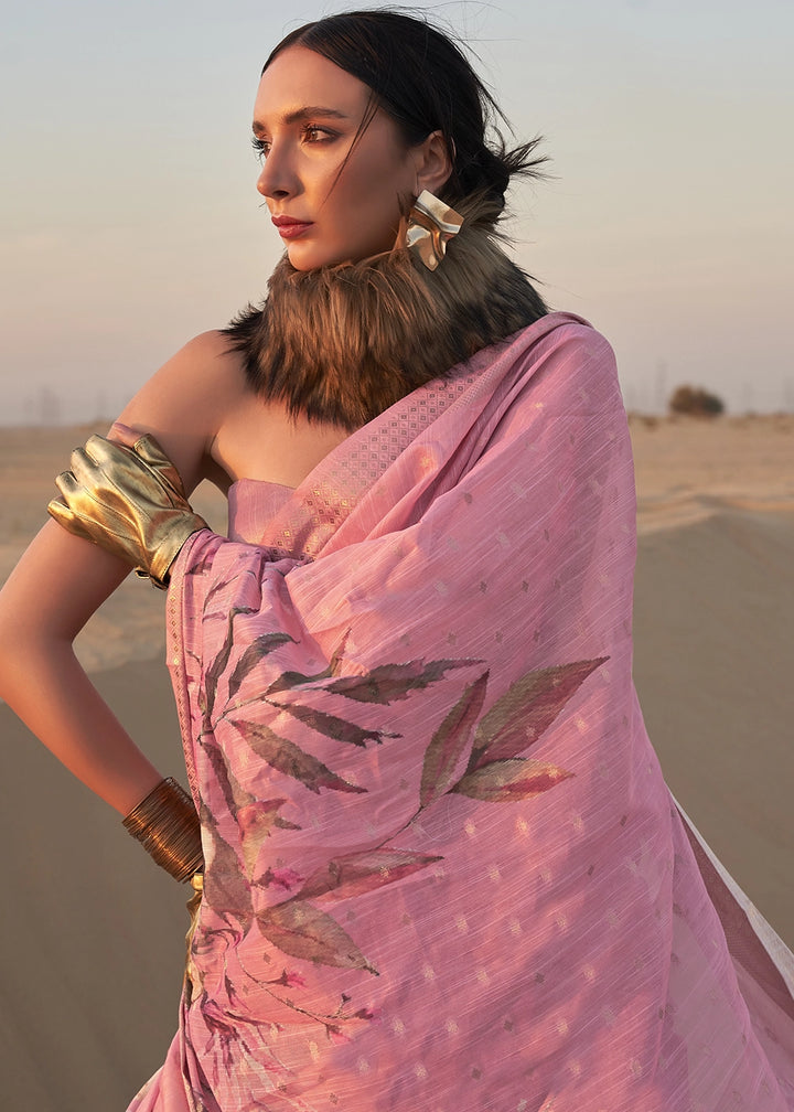 Pastel Pink Handwoven Linen Saree with Artistic Floral Design