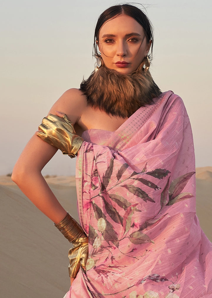 Pastel Pink Handwoven Linen Saree with Artistic Floral Design