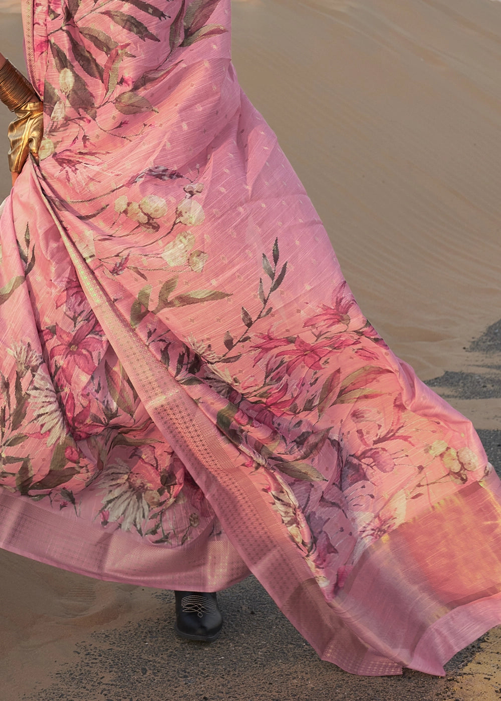 Pastel Pink Handwoven Linen Saree with Artistic Floral Design