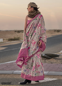 Grey & Pink Handwoven Linen Saree with Artistic Floral Design