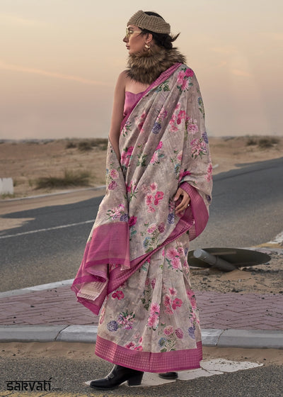 Grey & Pink Handwoven Linen Saree with Artistic Floral Design