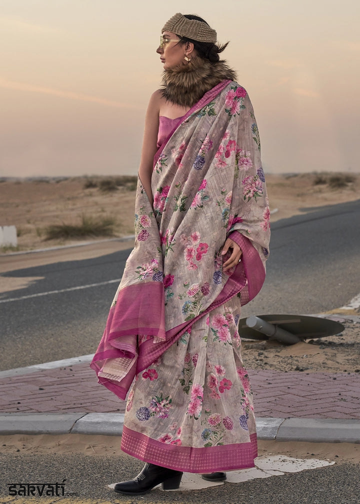 Grey & Pink Handwoven Linen Saree with Artistic Floral Design
