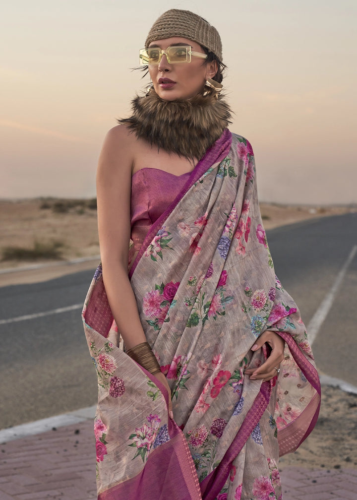 Grey & Pink Handwoven Linen Saree with Artistic Floral Design