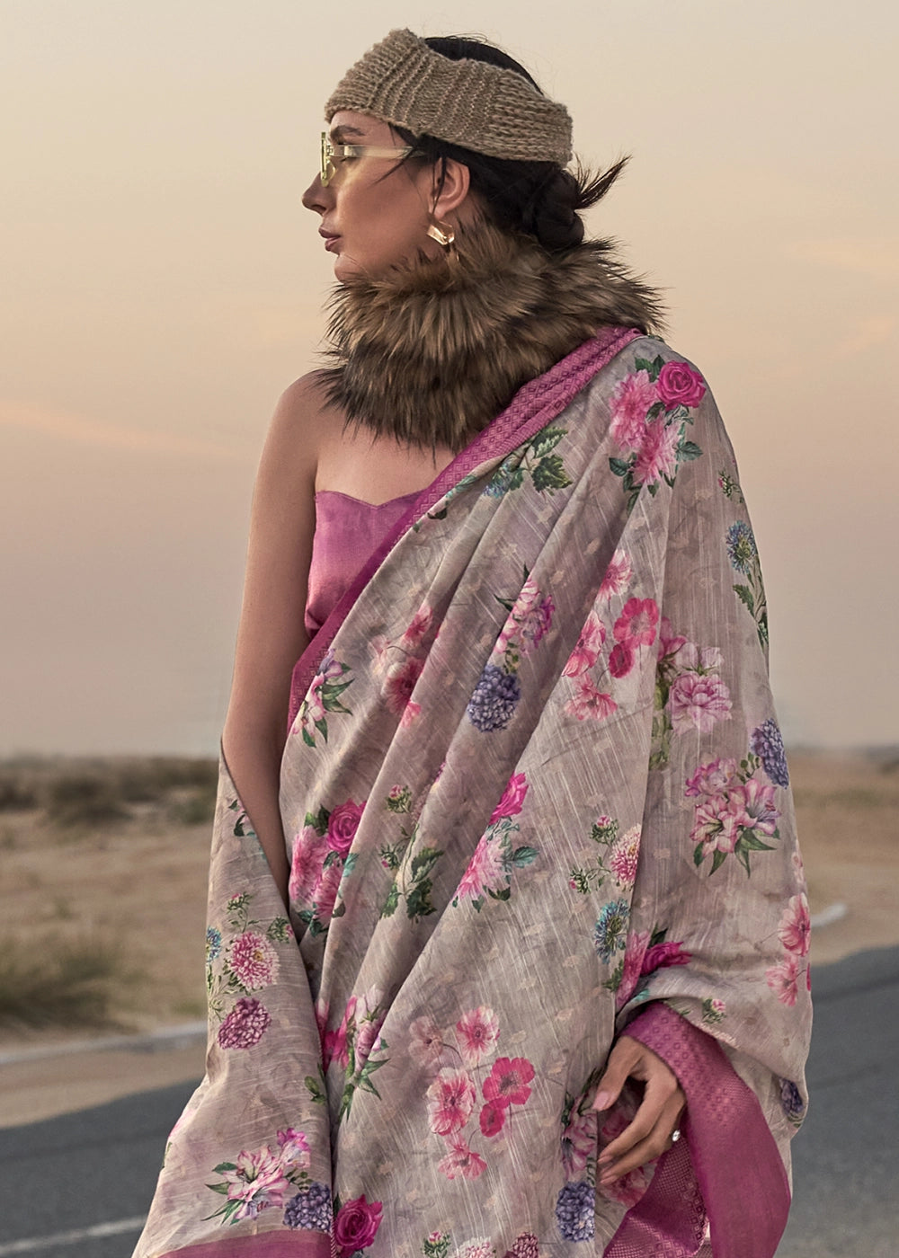 Grey & Pink Handwoven Linen Saree with Artistic Floral Design