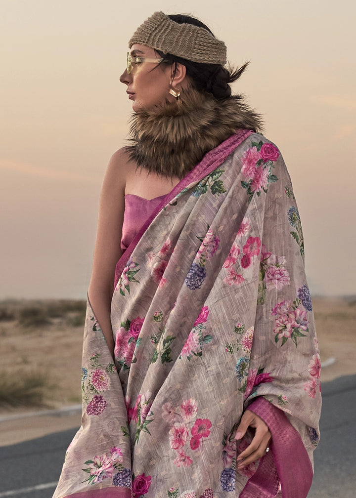 Grey & Pink Handwoven Linen Saree with Artistic Floral Design