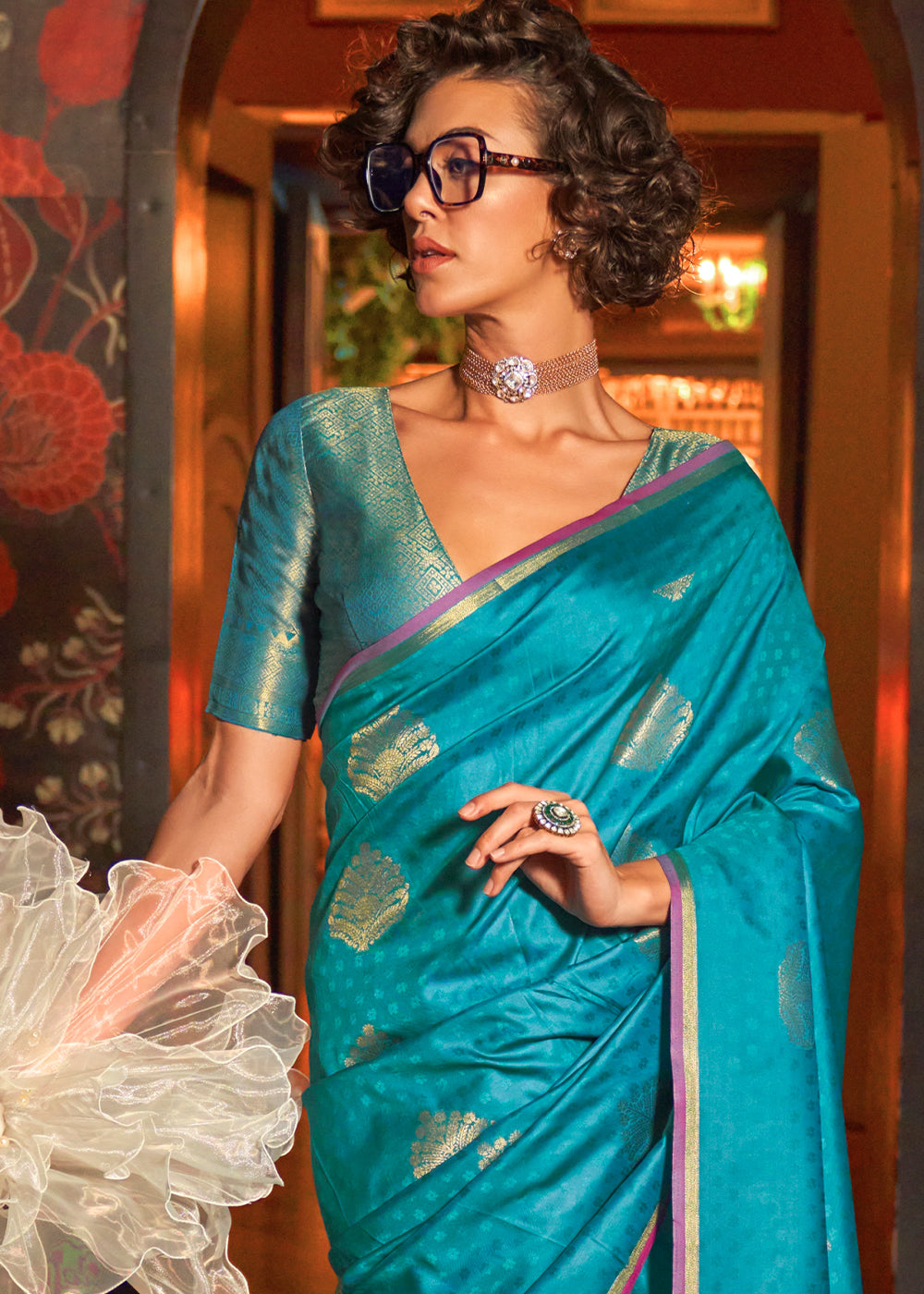 Cerulean Blue Handloom Silk Saree with Intricate Weaving & Brocade Blouse