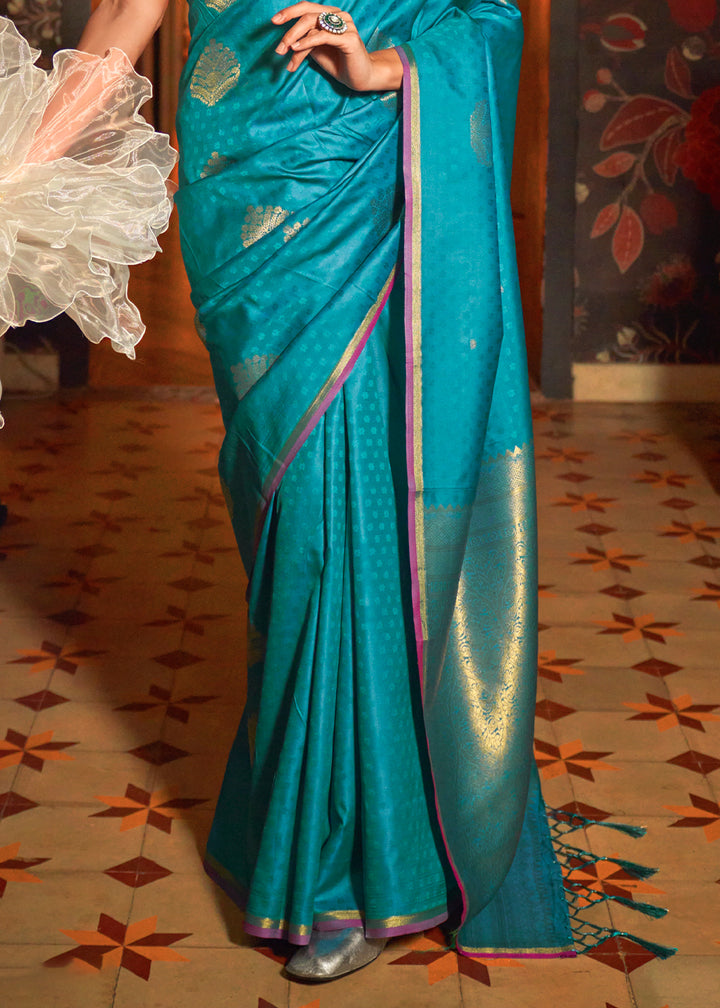 Cerulean Blue Handloom Silk Saree with Intricate Weaving & Brocade Blouse