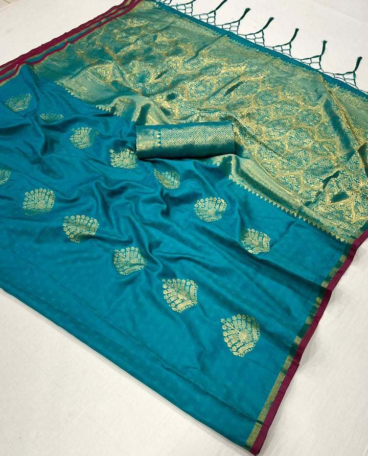 Cerulean Blue Handloom Silk Saree with Intricate Weaving & Brocade Blouse