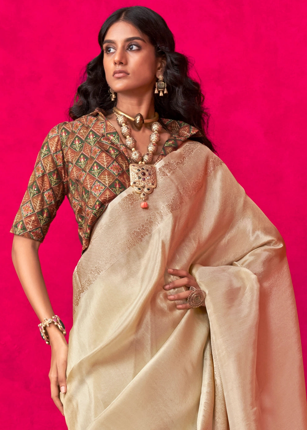 Beige Brown Tissue Silk Saree with Zari Weaving