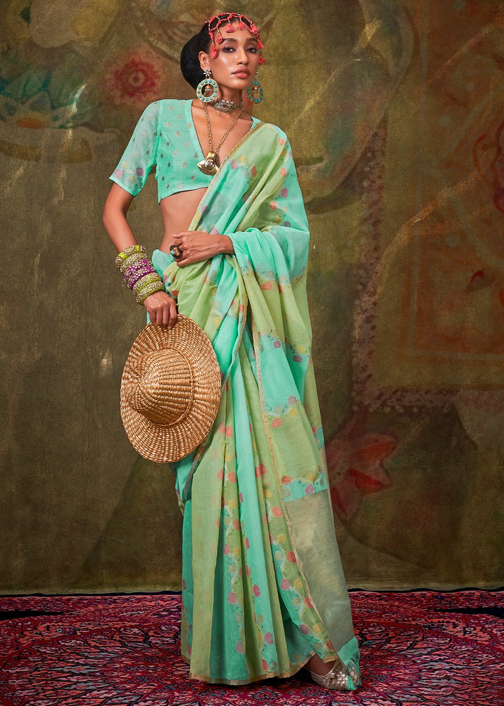 Blue & Green Rangkaat Handloom Woven Cotton Silk Saree