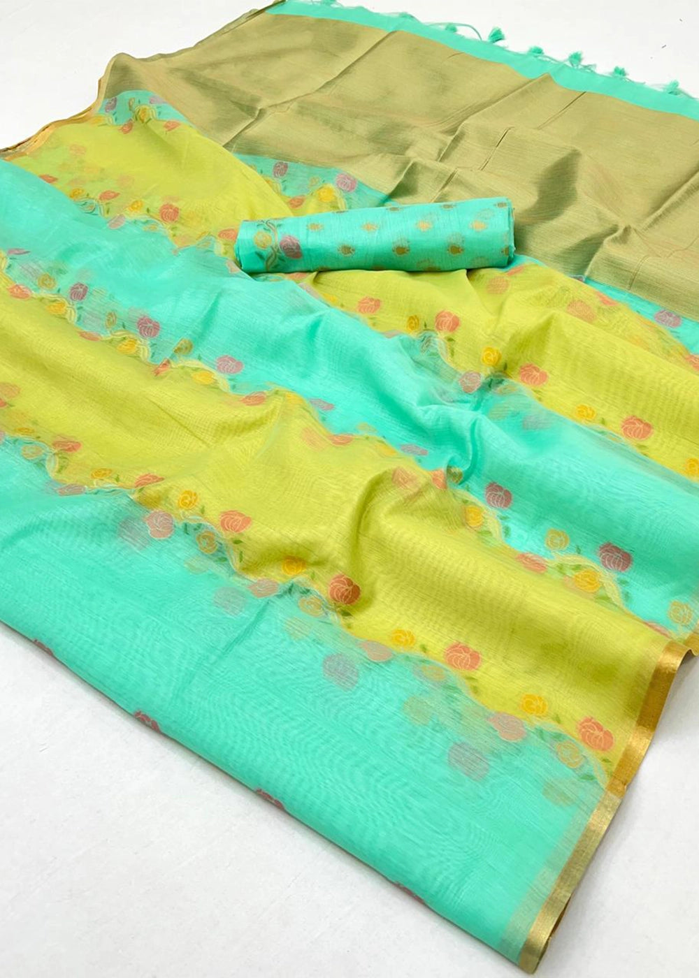 Blue & Green Rangkaat Handloom Woven Cotton Silk Saree